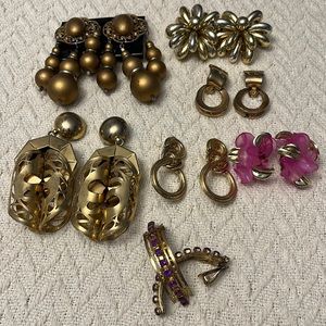 7 pairs vintage clip on earrings, pink purple rhinestone gold tone many styles